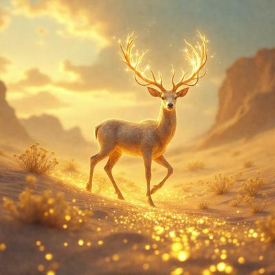 Primary subject: A deer with antlers.

Setting/background: A desert landscape with mountains in the background.

Visual style: Digital art.

Colors and mood: The image is in yellow and orange tones, creating a warm and vibrant atmosphere.